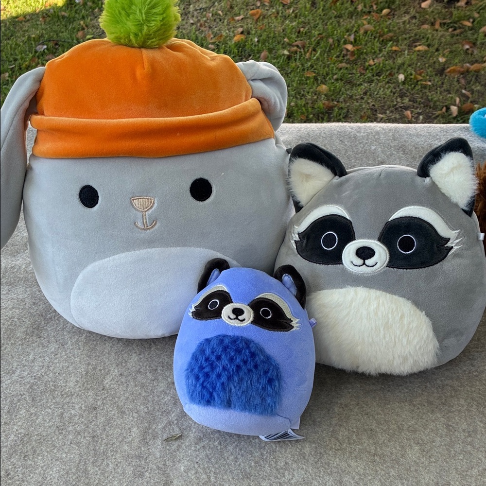 Squishmallows Gray Bunny & Raccoon Plush Set with Orange Hat and Blue Accent